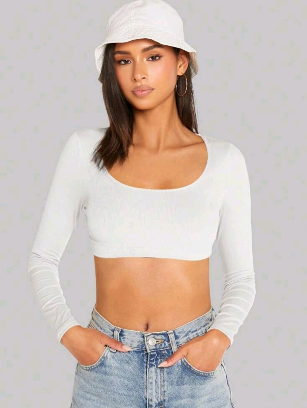 SHEIN Long Sleeve Scoop Neck Crop Top